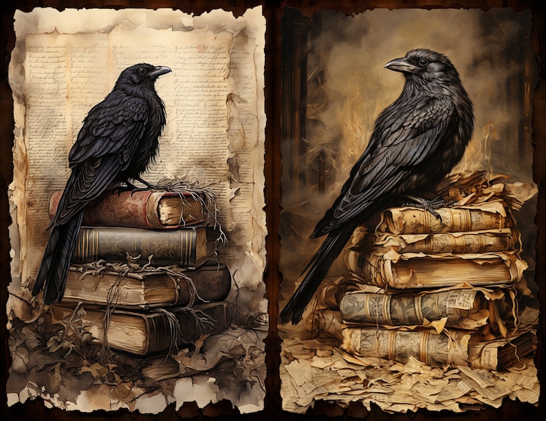 Puede incluir: Dos cuervos negros posados ​​en pilas de libros viejos y desgastados. Los libros est&aacute;n cubiertos de papel envejecido y tienen una est&eacute;tica vintage. Los cuervos est&aacute;n colocados sobre los libros, creando una sensaci&oacute;n de misterio e intriga.