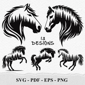 May include: A set of 13 black and white SVG, PDF, EPS, and PNG digital downloads featuring horse silhouettes with a forest inside. The horses are in various poses, including standing, running, and rearing up.