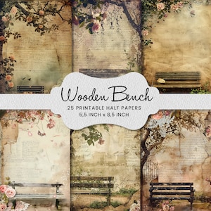 Holzbank Junk Journal Halbpapier Mixed Media Papiercollage zum Ausdrucken, Scrapbook, Kartenherstellung, digitale Papiere Digitaler Download
