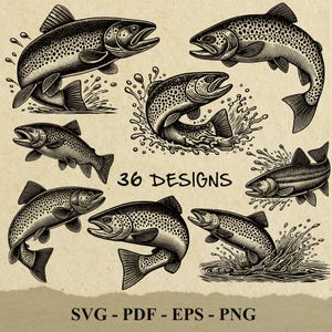 Könnte beinhalten: Ein Set mit 36 Schwarzweiß-Illustrationen von Forellen in verschiedenen Posen, darunter springend aus dem Wasser. Die Illustrationen sind im Vintage-Stil gehalten und eignen sich perfekt für eine Vielzahl von Projekten, wie z. B. T-Shirt-Designs, Grußkarten oder Wohnaccessoires. Der Text "36 DESIGNS" und "SVG - PDF - EPS - PNG" ist im Bild enthalten.