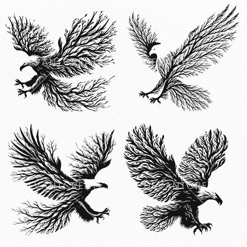 May include: Four black and white illustrations of eagles with branches forming their bodies and wings. The eagles are in various poses, with some looking to the side and others looking forward.