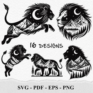 ライオン マウンテン フォレスト SVG、ライオン ヘッド SVG、ライオン SVG、ライオン マウンテン ランドスケープ シルエット SVG PNG クリップアート カット ファイル