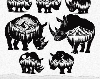 Paisaje de montaña de rinoceronte SVG: silueta PNG (archivos digitales)