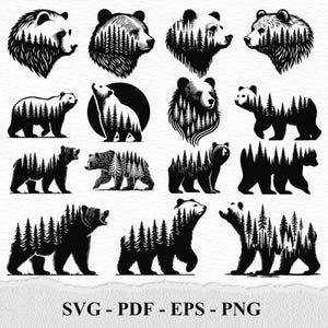 May include: A selection of black and white bear illustrations. Some bears are shown as silhouettes, while others incorporate forest imagery within their forms. The image includes the text "SVG - PDF - EPS - PNG".