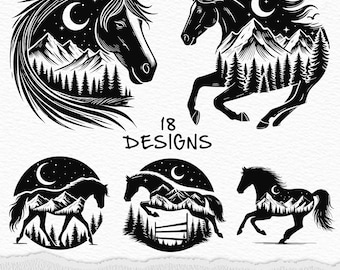 Pferd Bergwald SVG, Pferdekopf SVG, Pferd Berg Landschaft Silhouette SVG PNG Clipart Cut Files