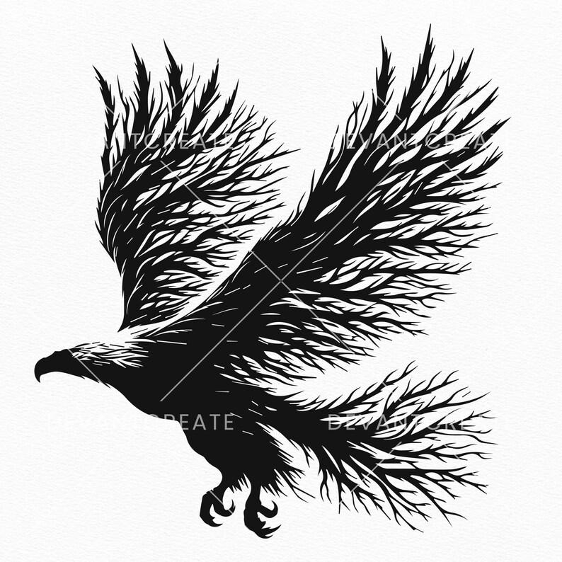 May include: Black and white illustration of a bird with its wings spread out, resembling a tree branch. The bird is in flight, with its head turned to the side.