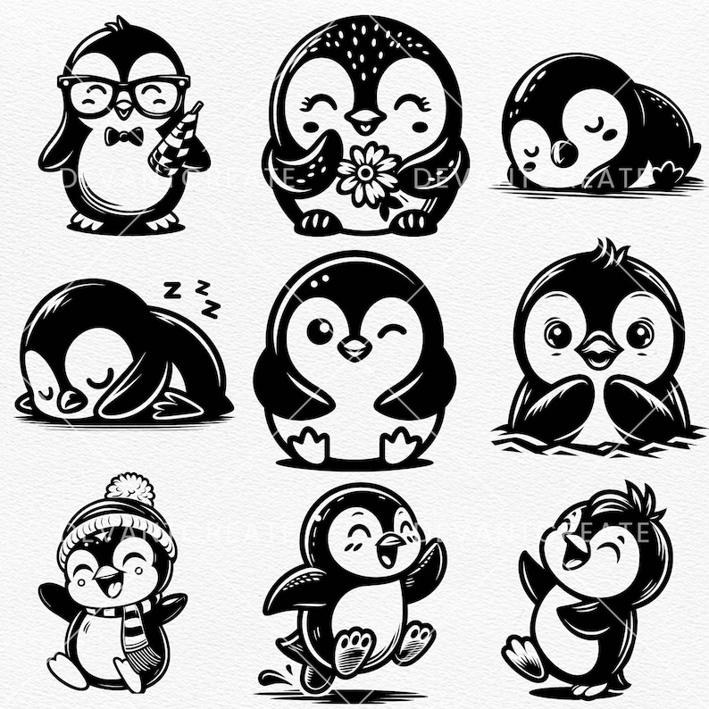 Söt pingvin SVG, babypingvin Svg, pingvinpaket Svg, rolig pingvin, söt babypingvinsilhuett SVG PNG Clipart klippfiler bild 5