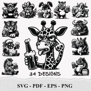 Könnte beinhalten: Ein Set mit 34 Schwarzweiß-Vektorillustrationen verschiedener Tiere, die Bierkrüge oder -flaschen halten. Zu den Tieren gehören ein Schwein, ein Hahn, ein Kaninchen, ein Nashorn, eine Kuh, ein Tiger, ein Schaf, ein Zebra, eine Giraffe, ein Stier, ein Flusspferd und ein Nashorn. Der Text "34 DESIGNS" und "SVG - PDF - EPS - PNG" ist ebenfalls im Bild enthalten.