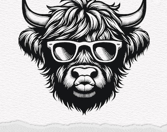 Vaca de las Tierras Altas con gafas de sol (SVG/PNG) (archivos digitales)