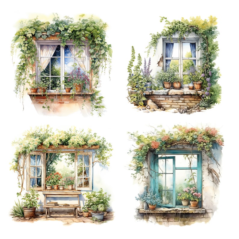 Spring Window Watercolor, 25 Floral Window Clipart, Summers Window ...