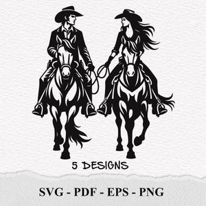 ウエスタンカウボーイカップルSVG、ロマンチックなカウボーイとカウガール、カウボーイカウガール乗馬馬クリップアートシルエットベクターカットファイル