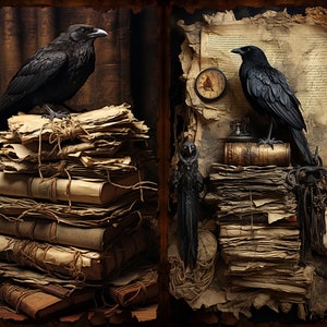 Puede incluir: Dos cuervos negros posados ​​en pilas de libros y papeles viejos encuadernados. Los libros est&aacute;n atados con cuerda y los papeles est&aacute;n envejecidos y amarillentos. Un cuervo est&aacute; posado en una pila de libros con una br&uacute;jula y un tintero. El otro cuervo est&aacute; posado en una pila de libros con un reloj.