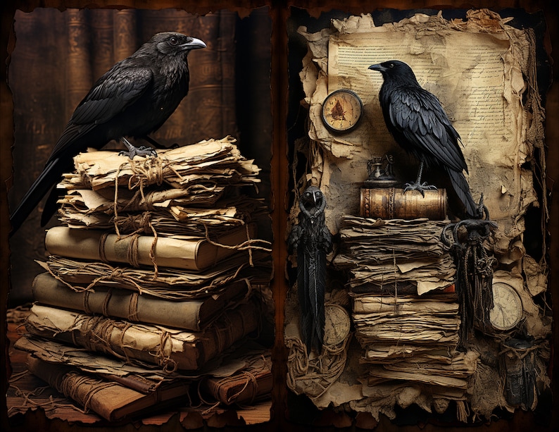 Puede incluir: Dos cuervos negros posados ​​en pilas de libros y papeles viejos encuadernados. Los libros est&aacute;n atados con cuerda y los papeles est&aacute;n envejecidos y amarillentos. Un cuervo est&aacute; posado en una pila de libros con una br&uacute;jula y un tintero. El otro cuervo est&aacute; posado en una pila de libros con un reloj.