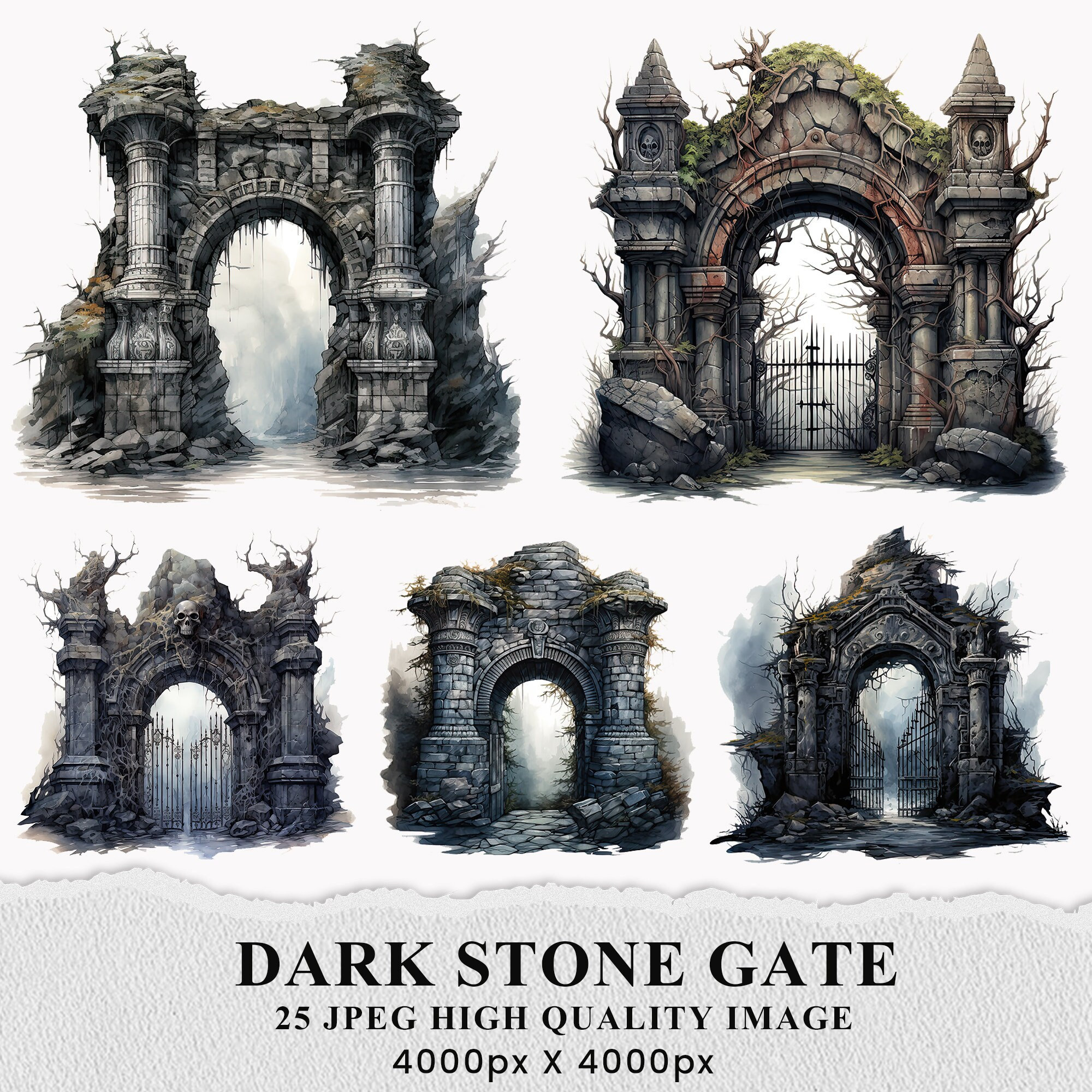 Gothic Stone Gate Watercolor Clipart: Dark Fantasy Scrapbook (digital ...