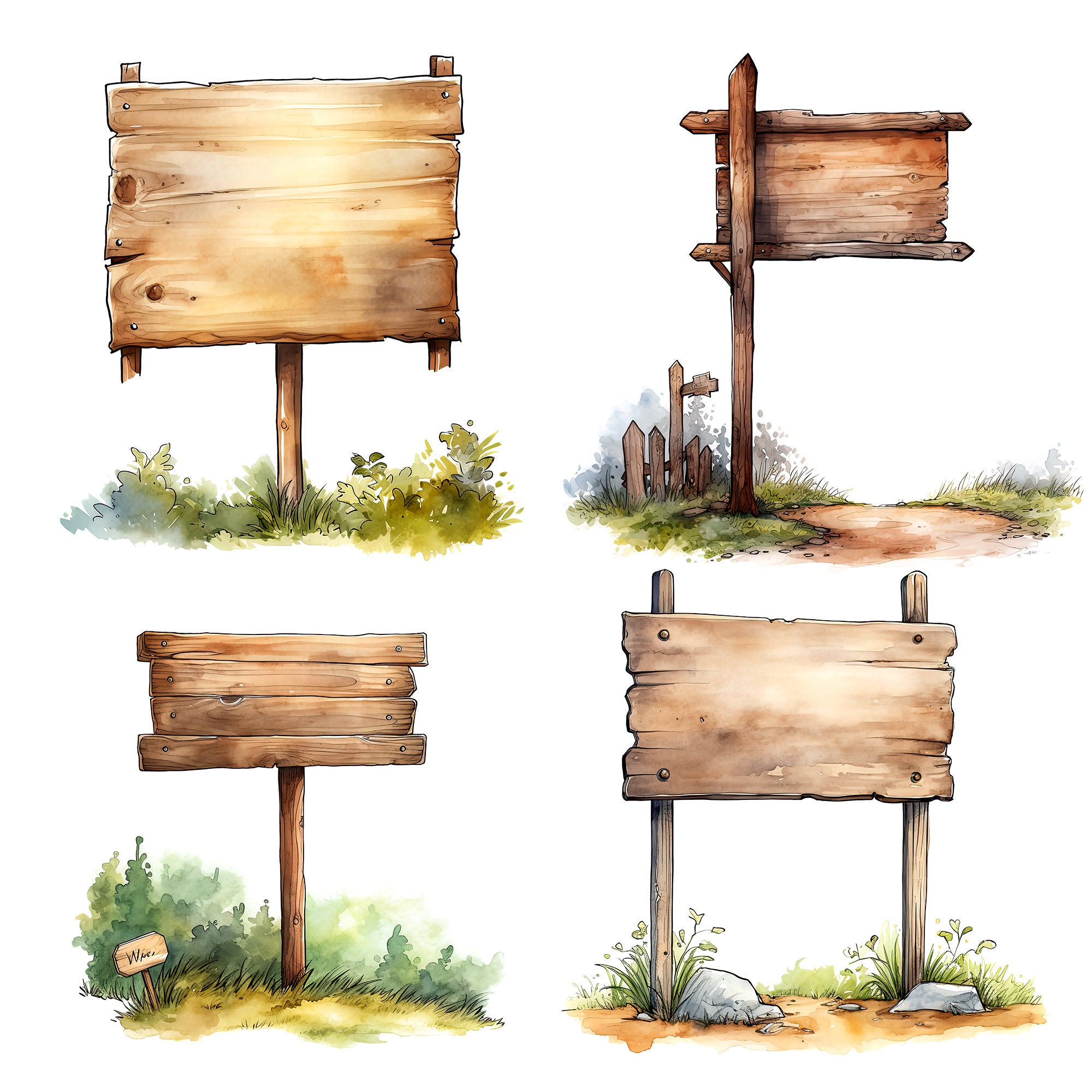 Watercolor Rustic Wood Sign Clipart: 26 PNG Designs (digital Download ...