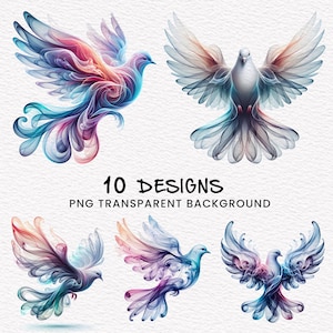 May include: Ten colorful, abstract designs of doves with transparent backgrounds. The doves are rendered in shades of blue, pink, and purple, with delicate, flowing lines.