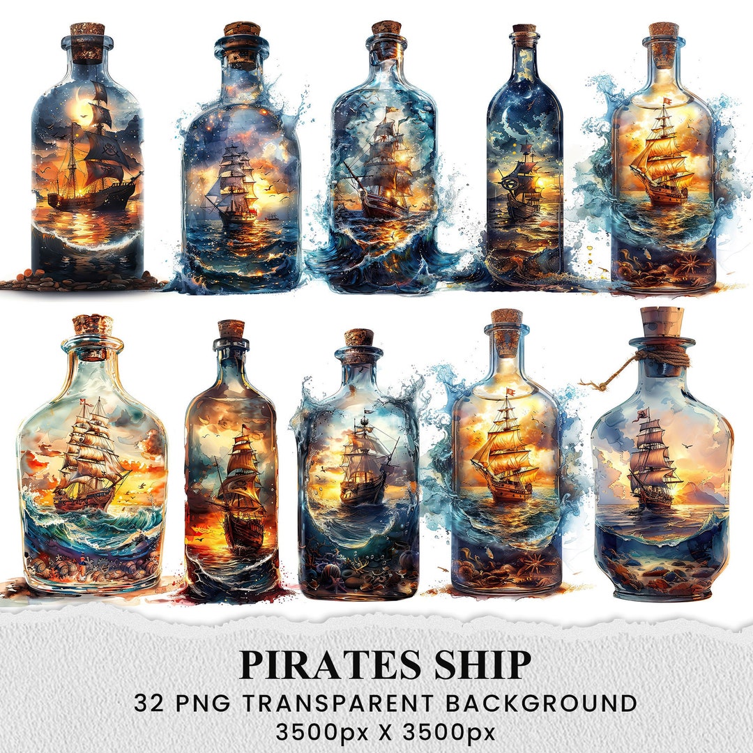 Ship in a Bottle Clipart, Sailing Nautical Ship Watercolor, Pirates ...