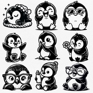 Söt pingvin SVG, babypingvin Svg, pingvinpaket Svg, rolig pingvin, söt babypingvinsilhuett SVG PNG Clipart klippfiler bild 3