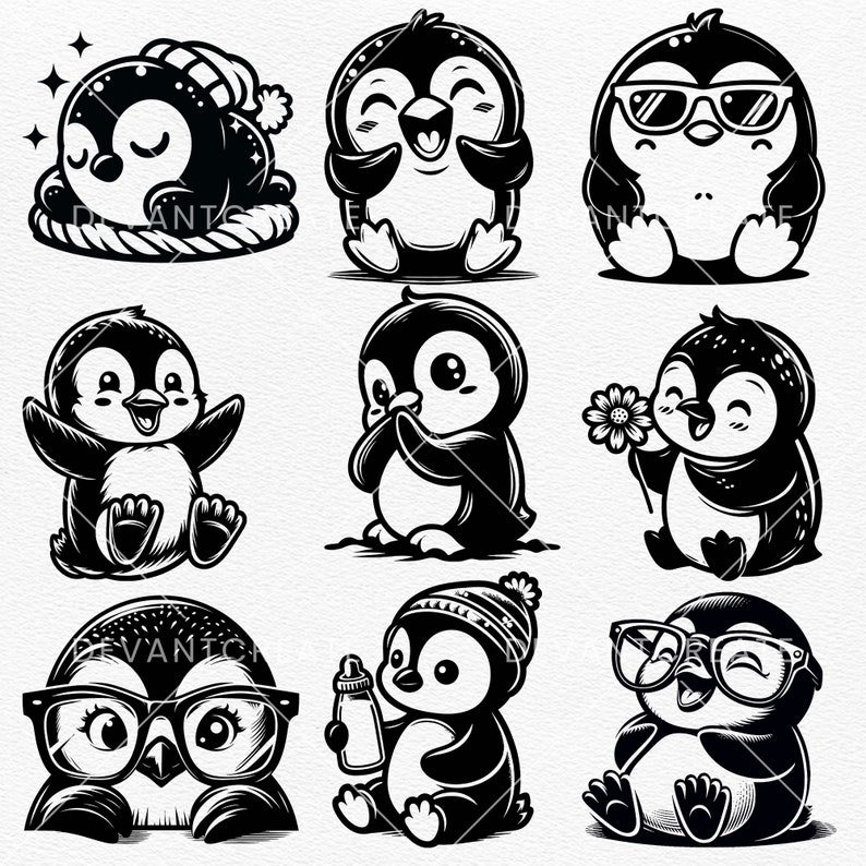 Söt pingvin SVG, babypingvin Svg, pingvinpaket Svg, rolig pingvin, söt babypingvinsilhuett SVG PNG Clipart klippfiler bild 3