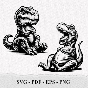 May include: Two black and white illustrations of dinosaurs. One dinosaur is sitting with its arms crossed and the other is sitting with its mouth open.