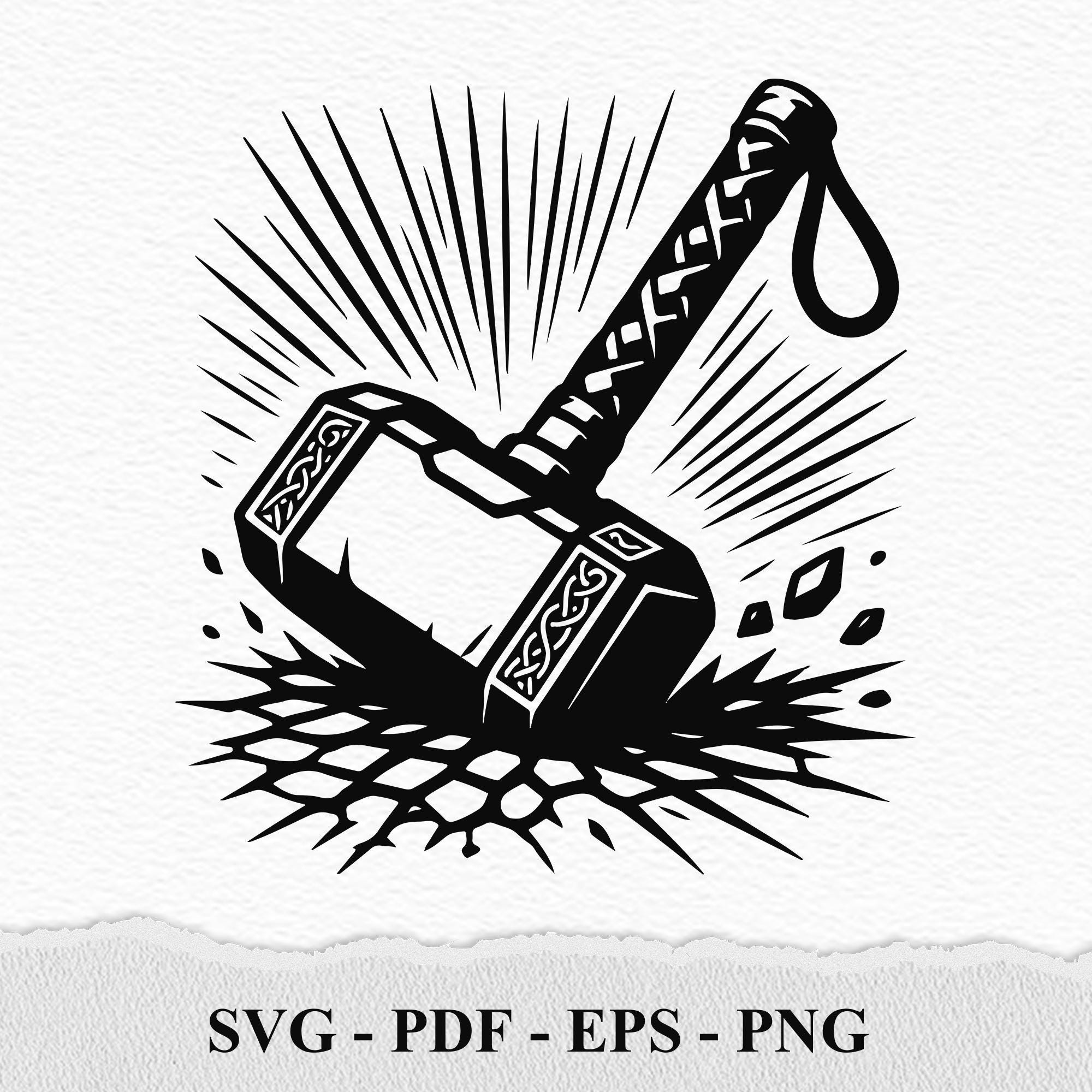 Mjolnir Hammer SVG | Thor’s Hammer Clipart | Norse Mythology Vector | Black Line Art | Laser Engraving Design | Png EPS Pdf