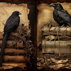 Puede incluir: Dos cuervos negros posados ​​en pilas de libros viejos y desgastados atados con cuerda. Los libros est&aacute;n rodeados de hojas secas y enredaderas, creando una atm&oacute;sfera oscura y misteriosa.