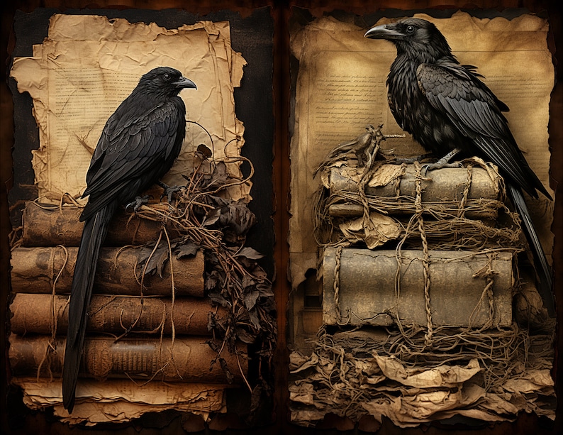Puede incluir: Dos cuervos negros posados ​​en pilas de libros viejos y desgastados atados con cuerda. Los libros est&aacute;n rodeados de hojas secas y enredaderas, creando una atm&oacute;sfera oscura y misteriosa.
