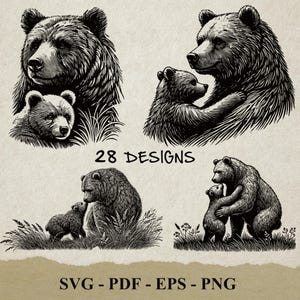 Puede incluir: Ilustraciones en blanco y negro de osos, incluyendo una osa madre con su osezno. La imagen incluye el texto "28 DISEÑOS" y opciones de tipo de archivo: SVG, PDF, EPS y PNG. Las ilustraciones de osos son detalladas y artísticas.