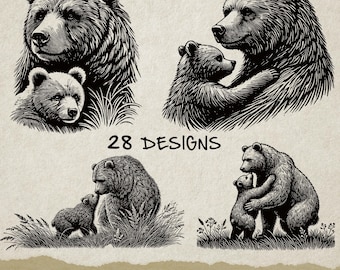 Ilustración vectorial vintage de una mamá osa y su cachorro (SVG, PNG, PDF)