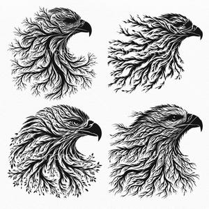 May include: Four black and white illustrations of eagle heads with intricate tree branch designs. The eagle heads are facing different directions.