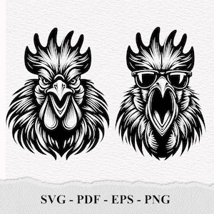 May include: Two black and white illustrations of a rooster's head. The rooster on the left has a fierce expression, while the rooster on the right is wearing sunglasses.