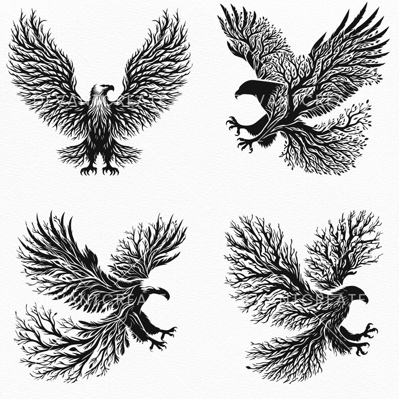May include: Four black and white illustrations of eagles with their wings spread. The eagles are made up of branches and leaves, creating a tree-like pattern.