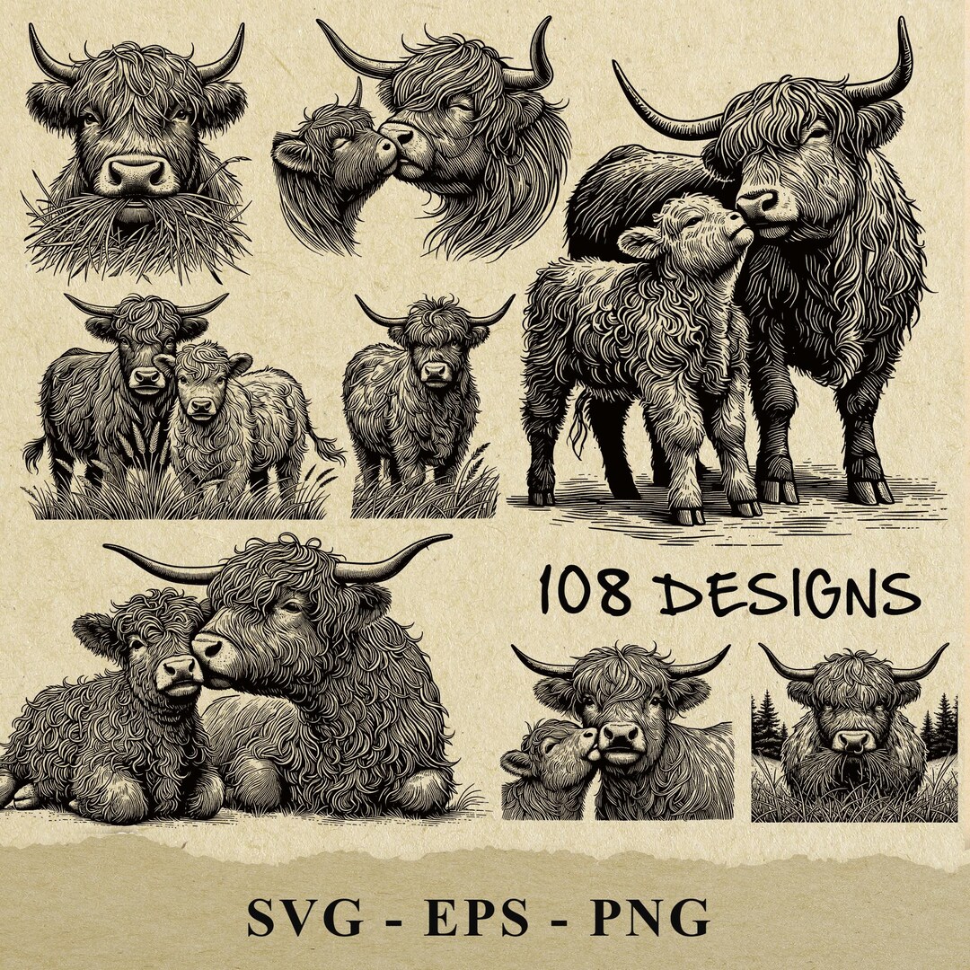 Highland Cow and Calf Vector Illustration: SVG, PNG, EPS (digital Files ...