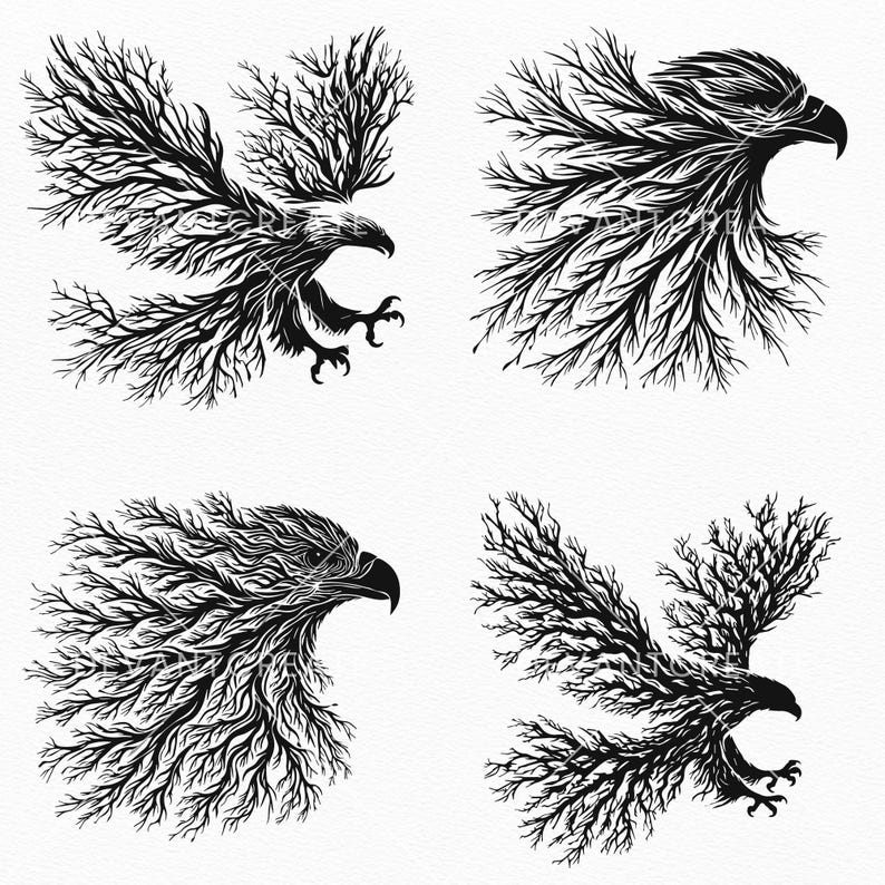 May include: Four black and white illustrations of eagles with branches forming their bodies and wings.