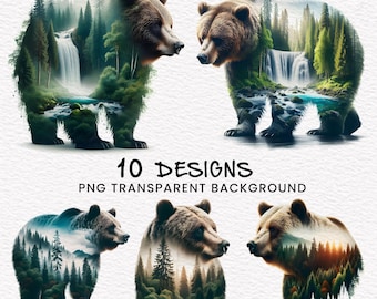 Bär Doppel Belichtung Clipart: Majestätisch Wildtiere zum ausdrucken (PNG & JPEG)