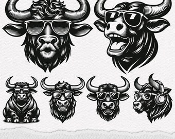 Stier SVG, Stier mit Sonnenbrille, Stier mit Kopfhörer svg, Funky Stier svg, Stierkopf Silhouette SVG PNG Clipart Cut Files