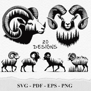 May include: A set of 20 black and white vector illustrations of a ram's head with a forest inside the horns. The ram's head is facing left. The forest is made up of pine trees. The text "20 DESIGNS" is below the ram's head. The text "SVG - PDF - EPS - PNG" is at the bottom of the image.