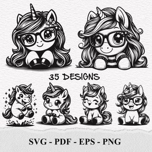かわいい赤ちゃんユニコーン SVG、かわいいユニコーン SVG、面白いユニコーン、ユニコーン SVG バンドル、覗く赤ちゃんユニコーンのシルエット SVG PNG クリップアート カット ファイル