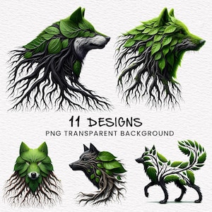 Może przedstawiać: Jedenaście cyfrowych ilustracji wilków z zielonymi liśćmi i czarnymi korzeniami tworzącymi ich ciała. Tekst "11 DESIGNS PNG TRANSPARENT BACKGROUND" znajduje się na dole obrazu.