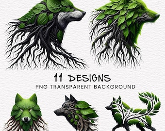 Clipart de lobo floral: raíces del bosque, naturaleza majestuosa (PNG, JPEG)