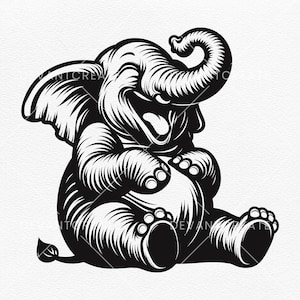 May include: A black and white illustration of a cartoon elephant sitting with its legs crossed and smiling. The elephant has a large, round belly and a long trunk.