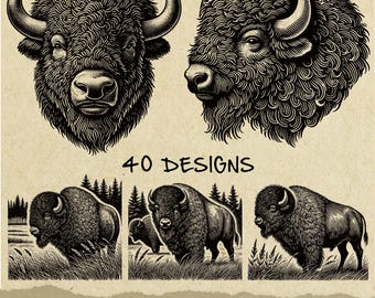 Ilustración vectorial vintage de bisonte americano: Clipart de grabado de búfalo (SVG, PNG, PDF)