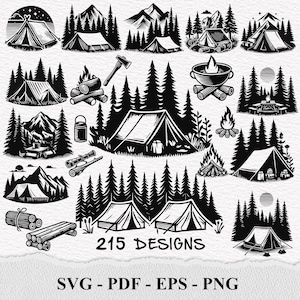 Puede incluir: Una colección de 215 ilustraciones en blanco y negro con temática de camping. Las ilustraciones incluyen tiendas de campaña, fogatas, árboles, montañas, hachas y otros equipos de camping. El texto "215 DESIGNS" y "SVG - PDF - EPS - PNG" está incluido en la imagen.