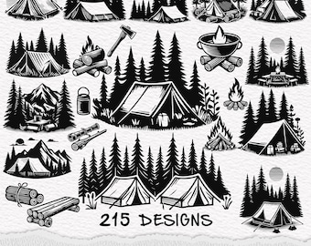 Paquete SVG de tienda de campaña: imágenes prediseñadas de montaña, bosque y fogata (png, eps, pdf)