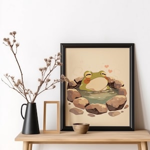 Frog Bathroom Decor Japanese Frog Wall Art Hot Spring Decor Anime Frog Art Anime Toad Poster Washroom Frog Wall Art Neutral Minimalist Art