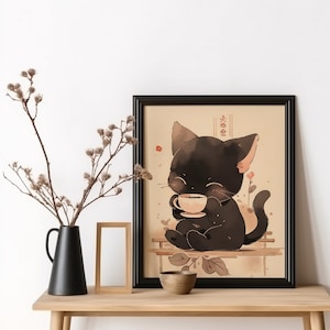 Kaffekattposter, japansk katt som dricker kaffe, väggdekoration i köket, kattkonsttryck, animekatt, presenter till kattälskare bild 1