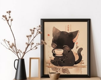 Coffee Cat Poster, Japanese Cat Drinking Coffee, Kitchen Wall Decor, Cat Art Print, Anime Cat, Gifts for Cat Lovers
