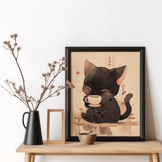 Coffee Cat Poster, Japanese Cat Drinking Coffee, Kitchen Wall Decor, Cat Art Print, Anime Cat, Gifts for Cat Lovers
