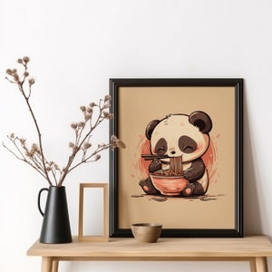 Póster de panda de ramen, impresión artística divertida de panda, arte de pared de cocina de panda asiático, póster de comida asiática, regalo para amantes de los animales, arte de pared de fideos ramen