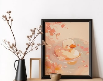 Baby Goose Bathroom Wall Art Anime Duck Poster Bathing Duck Bathtub Art Japanese Oriental Bathroom Decor Silly Goose Art Cherry Blossom Duck